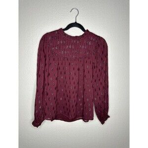 LOFT Blouse Womens XS Metallic Dot Ruffle Mock Neck Long Sleeve Top Shirt